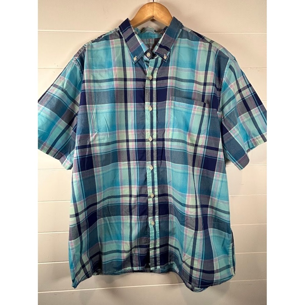 Saddlebred Mens XL Blue Pink Plaid Wrinkle Free Short Sleeve Button Down Shirt